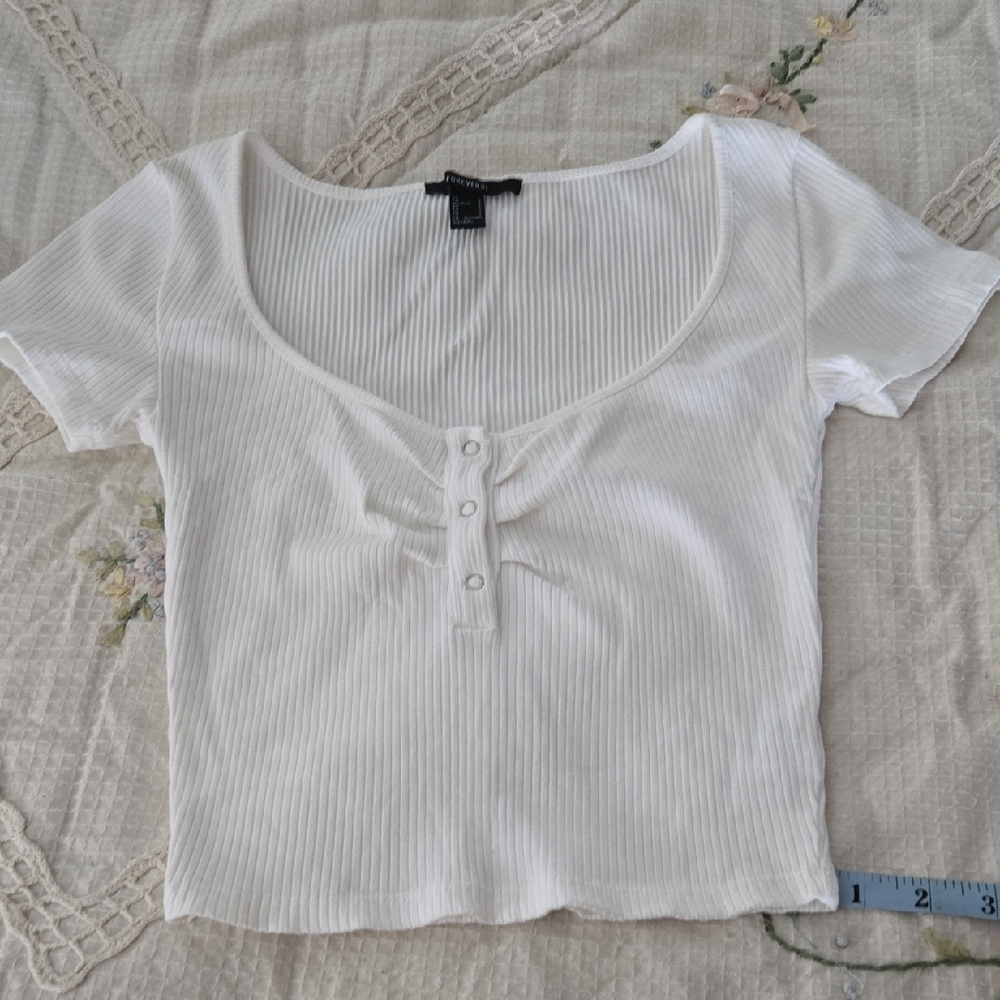 Forever 21 Cream  Front Ribbed Tee
